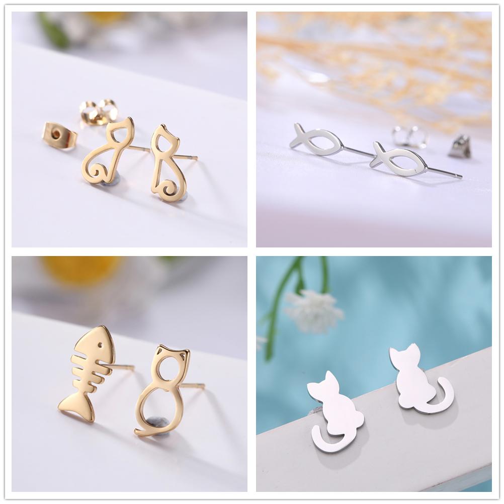 Cazador Cute Cat and Fish Bone Stud Earring Women Small Piercing Earrings Stainless Steel Jewelry Mother Gift 2026 Trend