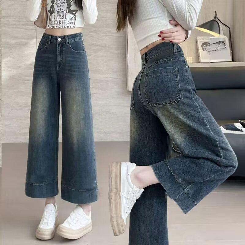 

Women s High Waist Wide Leg Cropped Jeans - 2025 Spring/Summer Slimming Style L синий