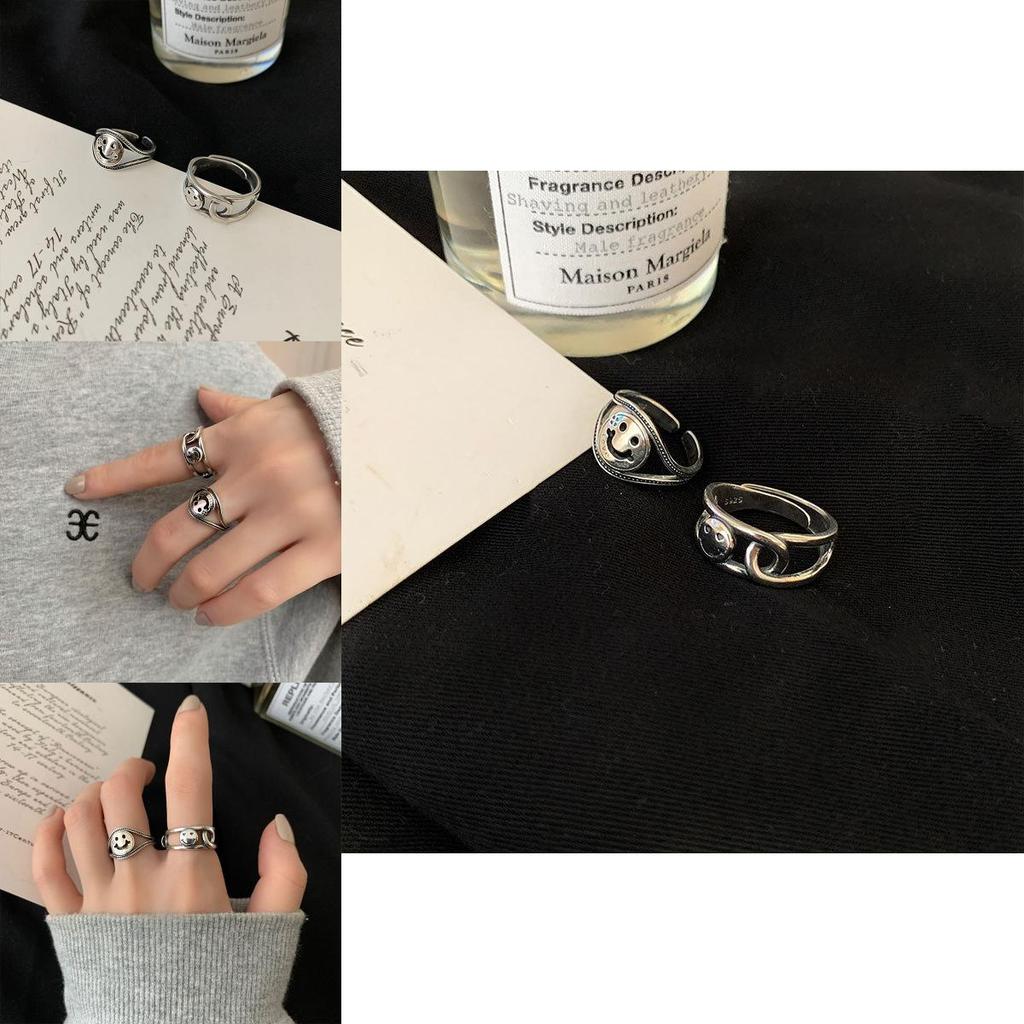 Korean Inspired Vintage Hollow Smiley Face Ring Chic 925 Silver Adjustable Women's Accessory