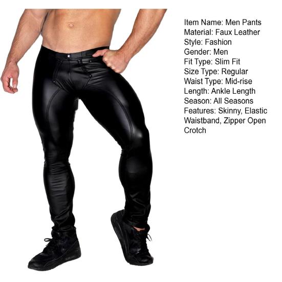 Pantalon en Faux cuir pour hommes, taille moyenne, élastique, fermeture éclair convexe, entrejambe ouvert, Sexy, slim, pantalon de Performance sur scène