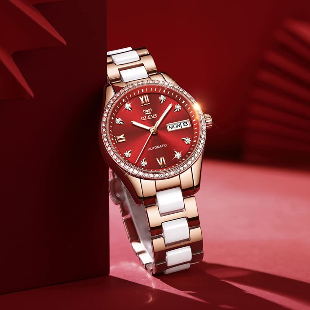OLEVS Women's Watch, Popular Mechanical Wristwatch, Stylish Date Display, Cute Bracelet, Gift, Ceramic, Red