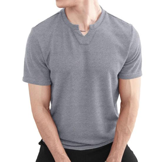 

Мужская футболка с V-образным вырезом и вафельным узором, однотонная повседневная футболка, летний свитер с короткими рукавами M светло-серый