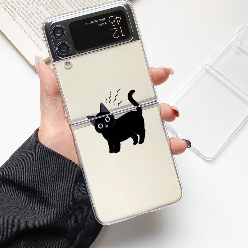 Funny Black Cat Fashion Phone Case For Samsung Galaxy Z Flip 3 4 5 6 7 Hard Folding Z Flip4 Clear PC Cover Protector Gift