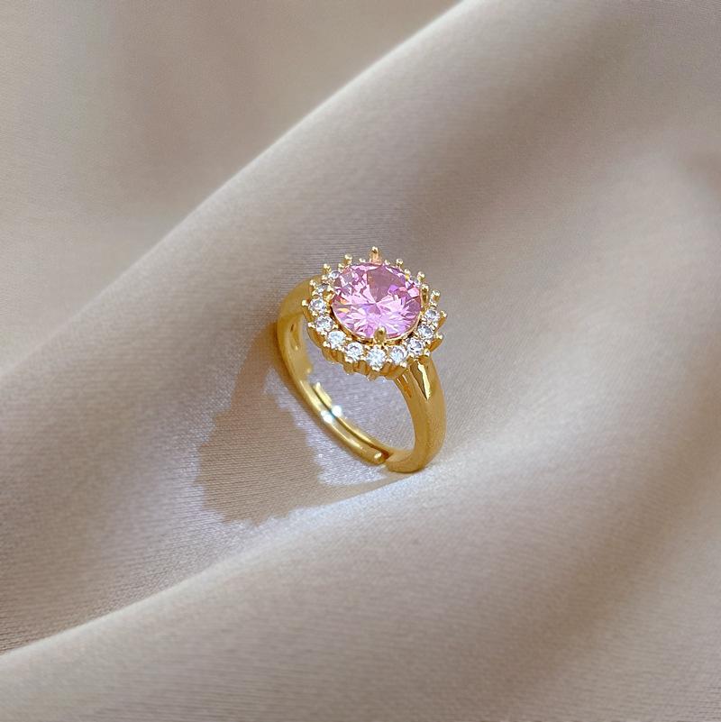 Real Gold Pink Round Full Diamond Ring Opening Adjustable Simple Jewelry Japanese Ring Couple Ring