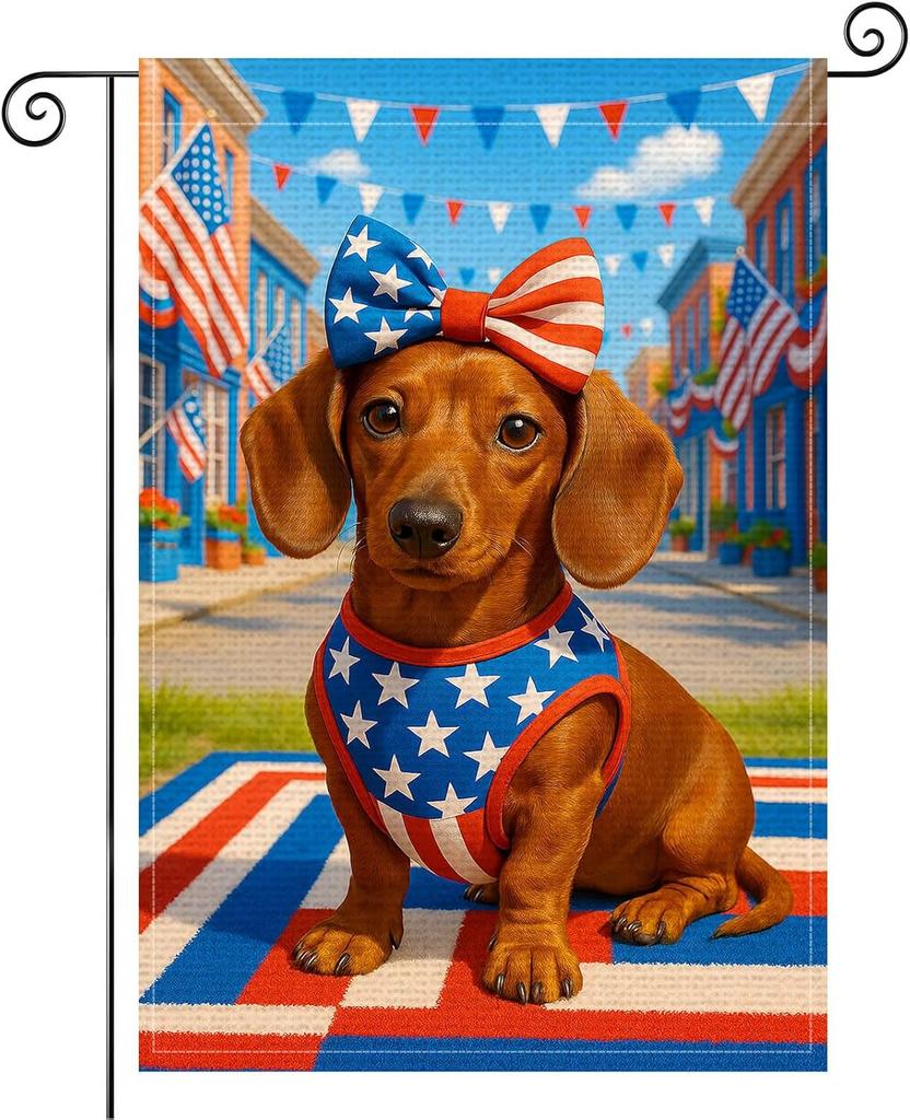 Patriotic Dog Garden ag 12x18 Inch Burlap Double Sided Dachshund with Stars and Stripes Outfit Fourth of July Yard ags O PPZ