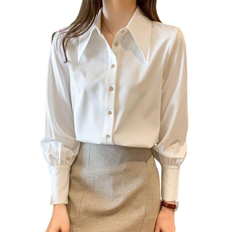 2025 Satin White Chic Metallic Textured Chiffon Shirt: In-Stock Fashionable Commuter Design