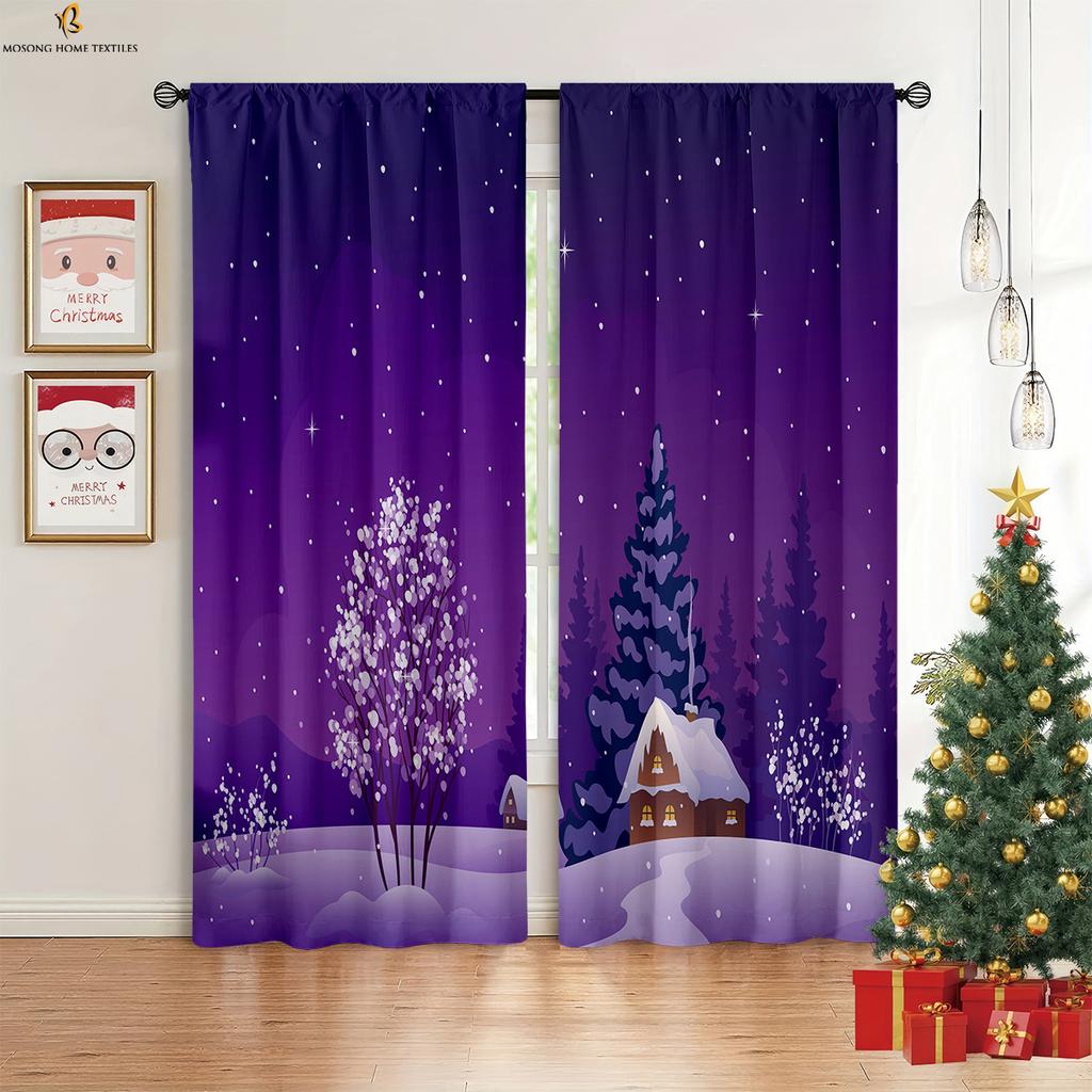 Cortinas com estampa de desenho animado de floco de neve de árvore de Natal, cortinas decorativas clássicas retrô, cortinas decorativas para quarto, restaurante, festa