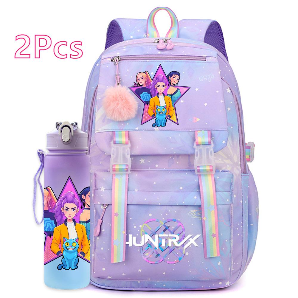 2Pcs/set Cute K-Pop Demon Hunters Printed Backpack with 750Ml Water Bottler for Teenager Student Girl Boy Large Capacity Waterproof Bookbag Travel Bag