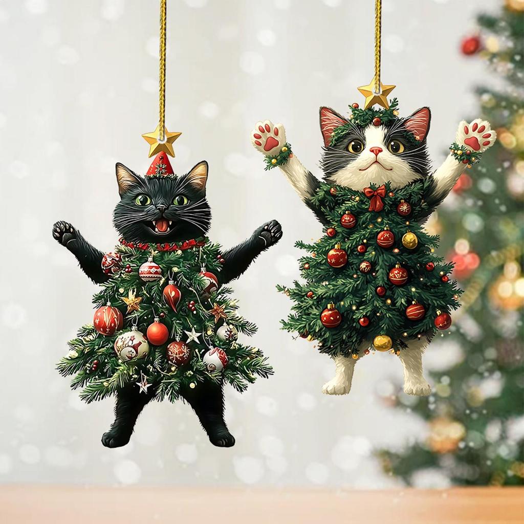 2pcs 2D Acrylic Cat Ornaments for Christmas Tree Cat Pendant Ornaments Car Mirror Hanging 2025 Xmas Navidad Party Supplies
