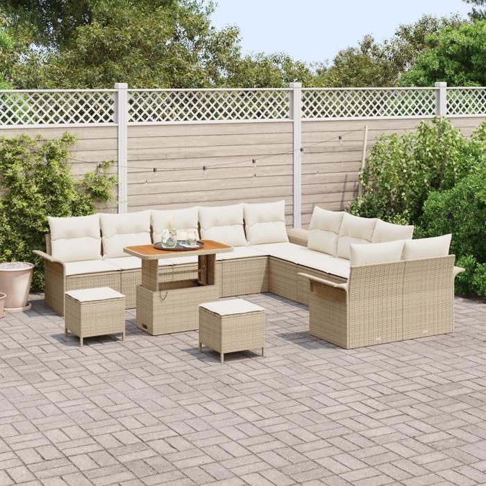 Ensemble de canapés de jardin 13 pièces avec coussins Beige Poly Rattan Acacia, Canapé de jardin 2 places avec coussins 3362196