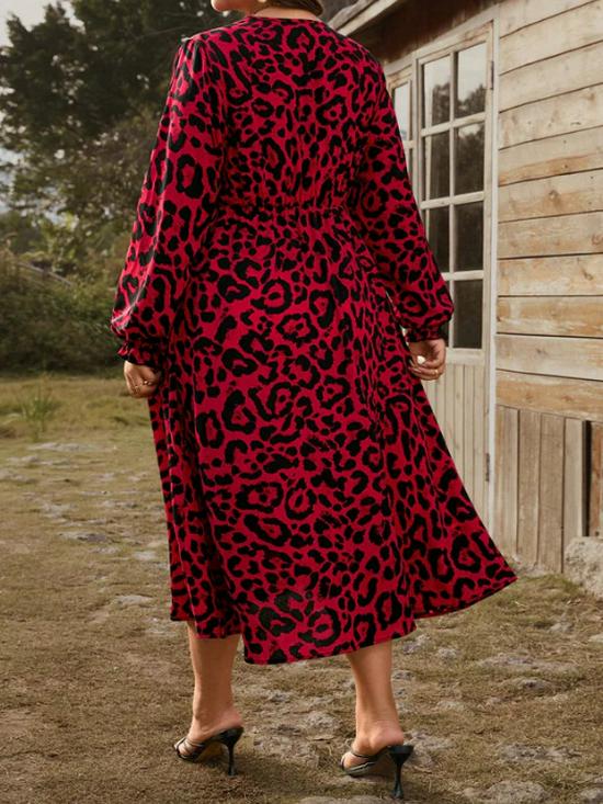 Elegantes Übergrößen-Leopardenmuster-V-Ausschnittkleid für Frühling & Herbst