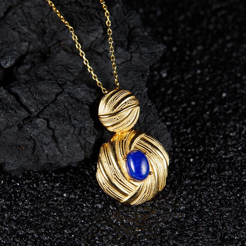 Collana da Donna in Argento S925 con Superficie a Uovo Colorata, Intarsiata con Lapislazzuli Naturale, Nicchia, Lusso Leggero, Pietra Preziosa Versatile