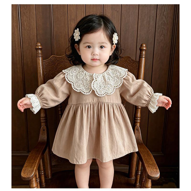 Mädchen Langarm Prinzessinnenkleid Süßer Spitzenkragen Herbst Kinderkleid