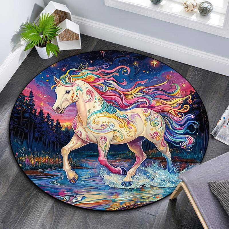 Fantasy Horse Round Area Rug,Carpet Rug for Living Room Bedroom Sofa Playroom Decor,Non-slip Floor Mat