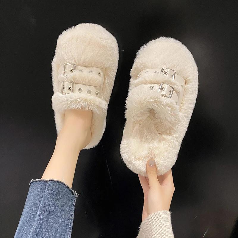 Fashion 2024 New Plush Baotou Slippers Fairy Style Outerwear Fashion Buckle Thick Sole Warm Women's Shoes Casual Tenis De Mujer