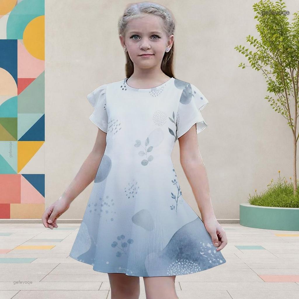 Girls Multicolor Printed Round Neck Flutter Sleeve A Line Flared Dress