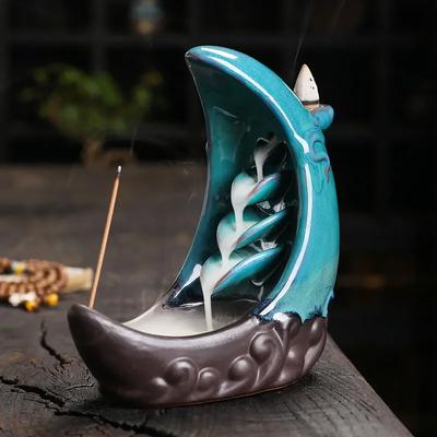 Mond & Fisch, Entspannungsdekoration für den Innenbereich, Heimdekoration, Büro, Glücksbringer, Feng Shui-Gadgets, Aromatherapieofen aus Keramik für den Innenbereich – ohne Weihrauch
