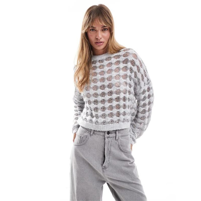 Foreign Trade Original Order Tail Goods British As Mesh Dot Perspective Loose Short Women Knitted Sweater Long Sleeve Top
