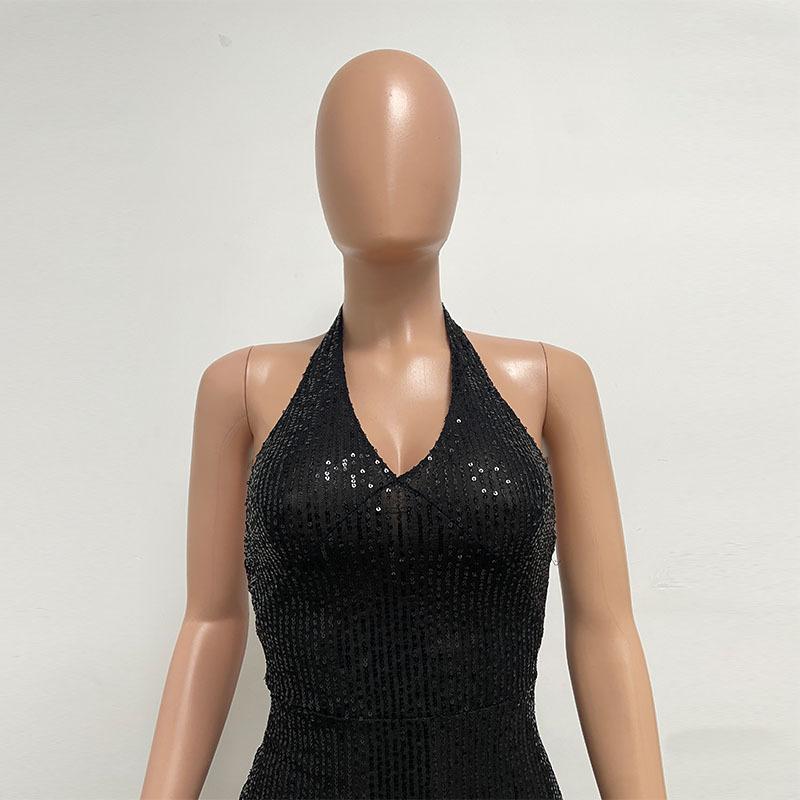 Women's Halter Neck Deep V Halter Dress Design Sense Spice Girl Oblique Slit Fringe Dress
