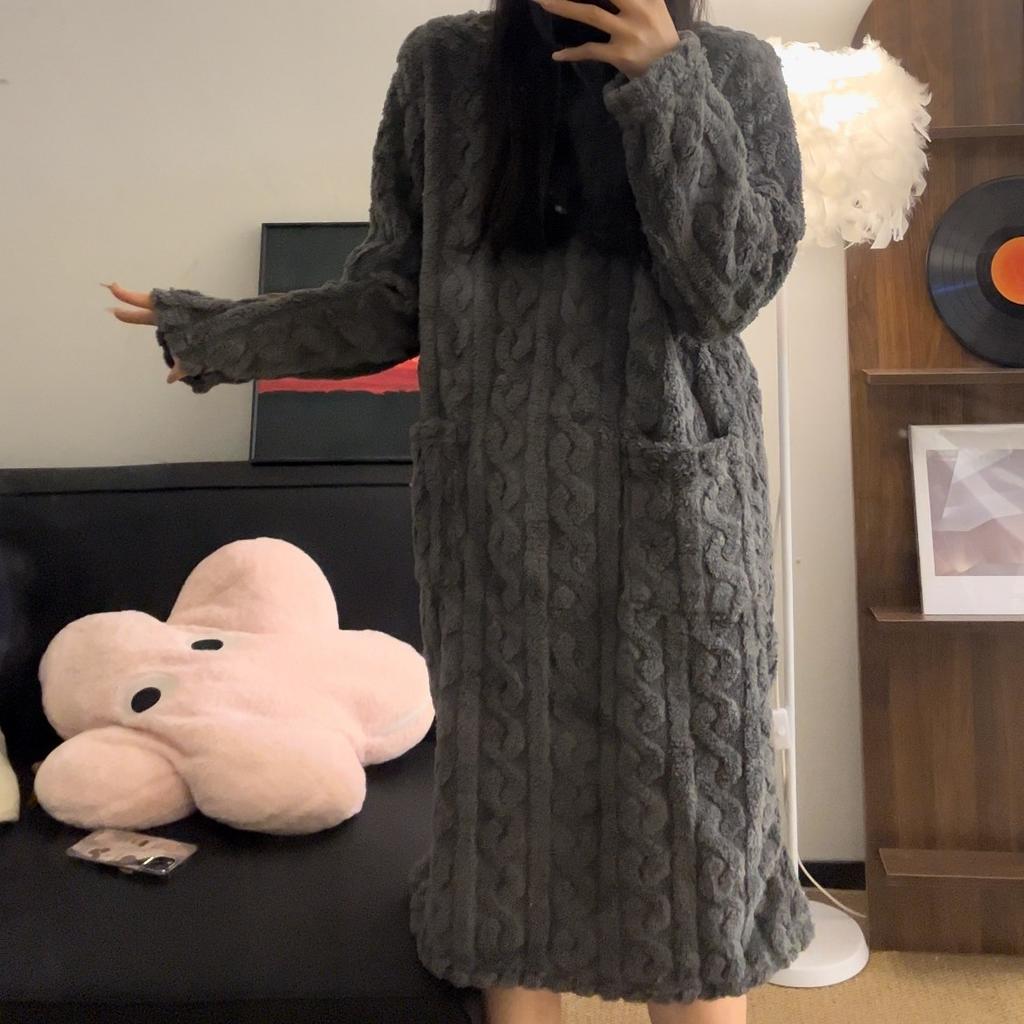 Women's Mock Neck Cable Knit Fleece Nightgown, Winter Warm Long Plush Sleep Dress with Big Pockets, Loose Cozy Loungewear