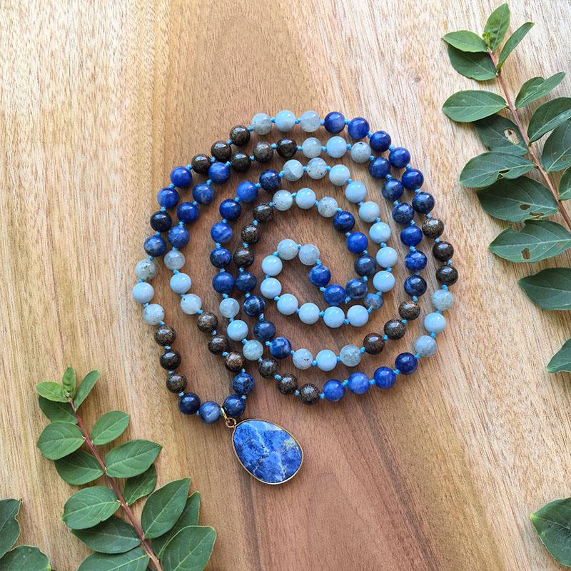 Sodalite,Bronzite,Labradorite,Angelite Mala Necklace,108 HandKnotted Meditation Necklace,Healing Crystals,Yoga Gift