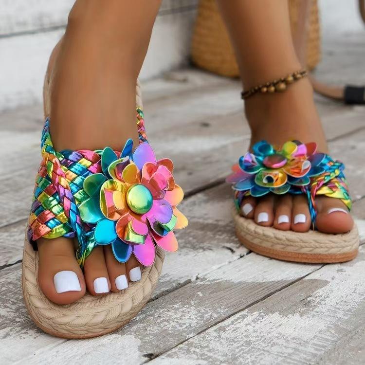South East Asia foreign trade large size colorful flowers toe cool slippers summer new hollow woven beach women's shoes