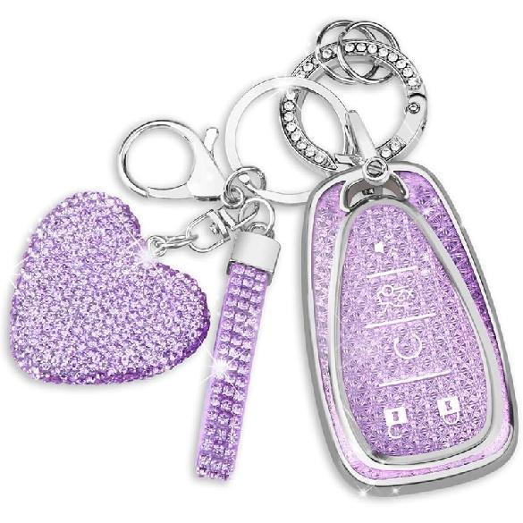 QBUC For Chevy Key Fob Cover With Diamond Keychain, 5 Button Key Case For Women For Chevrolet Equinox Malibu Camaro Blazer Cruze Traverse Trax Volt