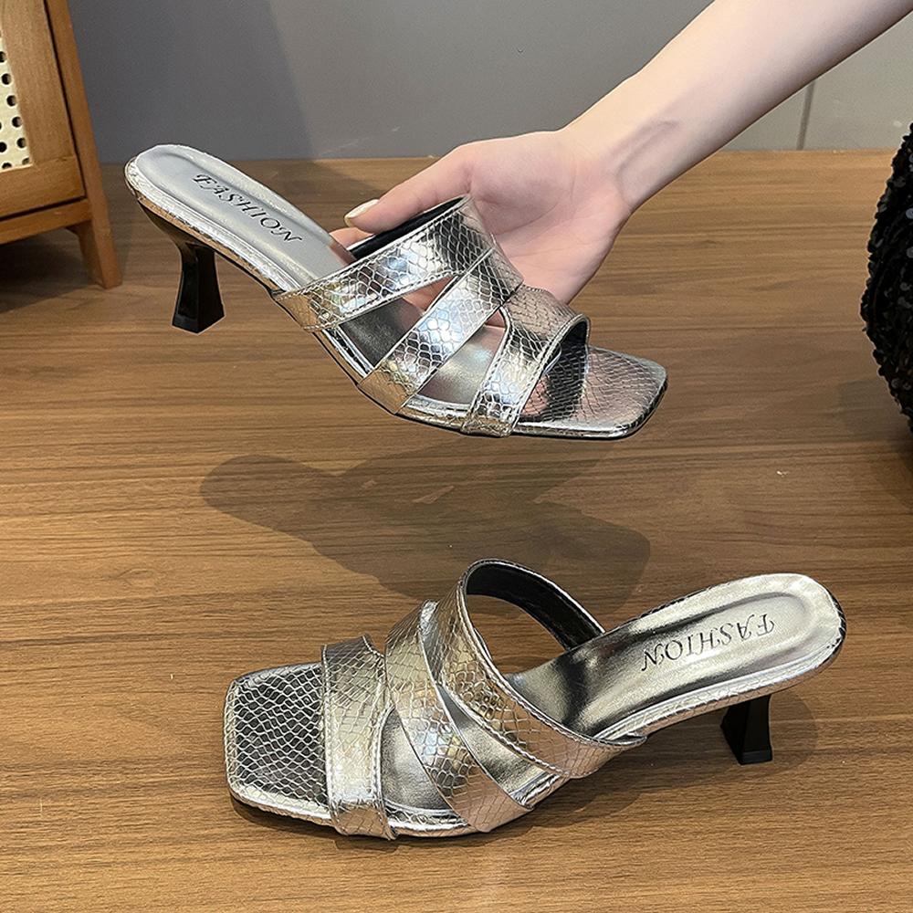 Bling Bling Luxurious Rhinestone Decor Slippers Women Square Toe Thin High Heels Sandals Summer Dress Shoes Party Wedding Shoes