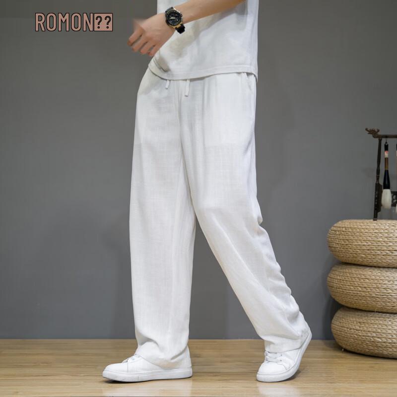 ROMON Men's Chinese Style Linen Blend Casual Straight-Leg Pants