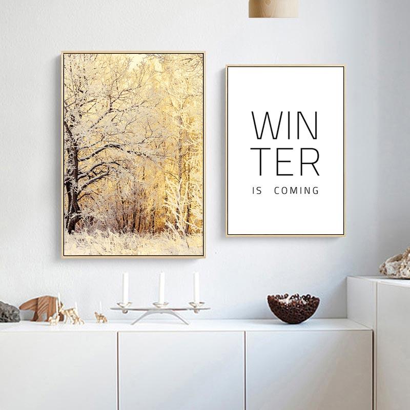 Minimalist Modern Nordic Wall Art Mood Poster Beige Winter Forest Wooden House Painting Wall Pictures for Living Room Decor