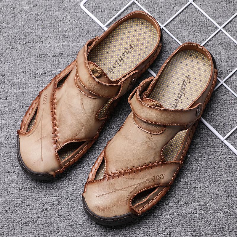 Fashion New Men's Leather Sandals Summer Cowhide Convertible Toe Post Sports Casual Slide Sandals Handmade Breathable Fashion Footwear