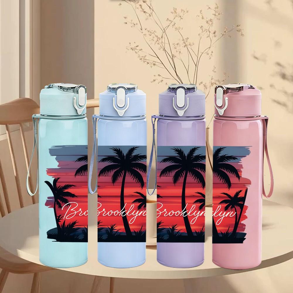 1PC Sunset Palm Tree Tropical Print 750ml Color Plastic Sports Water Bottle Leakproof Flip Straw Lid Suitable for Sports Office Home Use