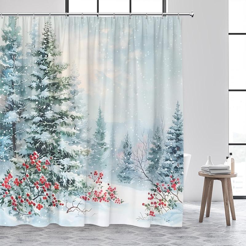 Winter Forest Landscape Shower Curtains Cedar Red Berries Watercolour Art Snow Scenery Fabric Bathroom Curtain Decor With Hooks