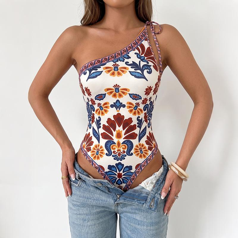 Retro Ethnic Floral Print One Shoulder Tie Strap Bodysuit S кларет