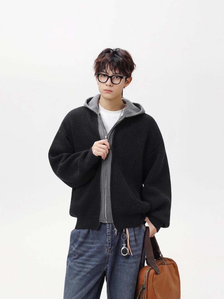 Unisex Two-in-One Patchwork Knit Hoodie Jacket - Autumn/Winter Loose Fit Sweater