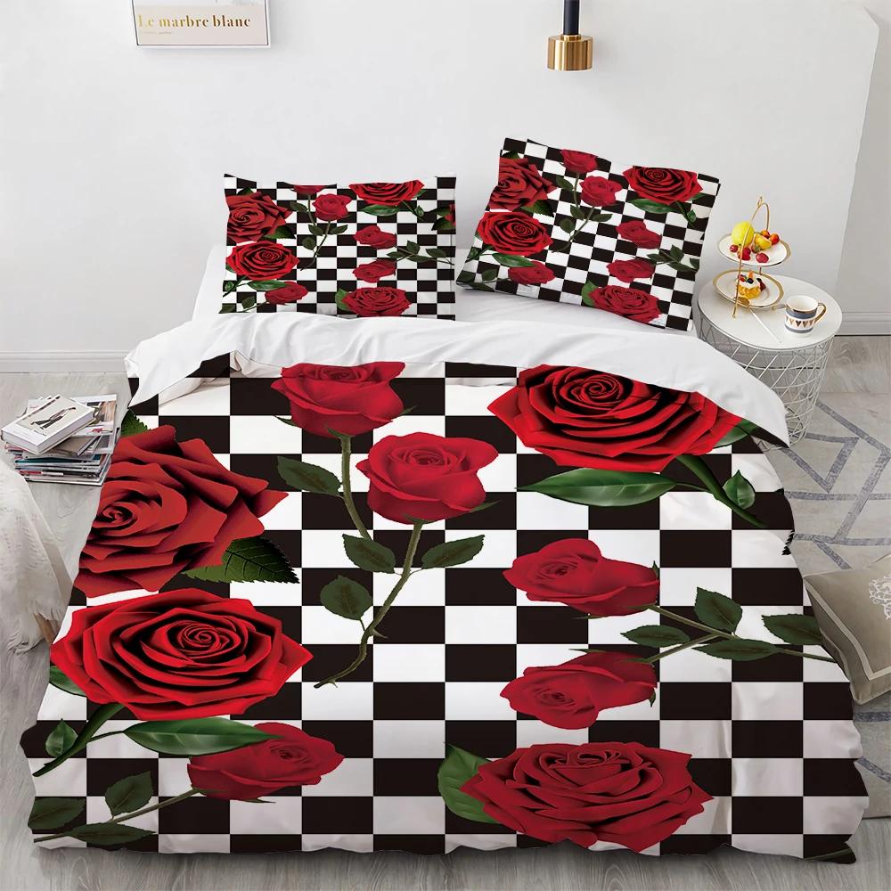3D Print Black White Plaid Flower Red Rose Designer Bedding Festive Color Bedroom Quilt Set Cover For Valentine's Day Weddings