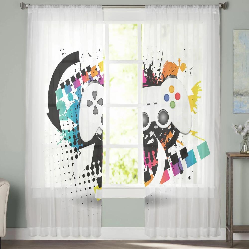 Colorful Game Console White Tulle Curtains for Living Room Decoration Modern Chiffon Sheer Voile Kitchen Bedroom Window Curtain