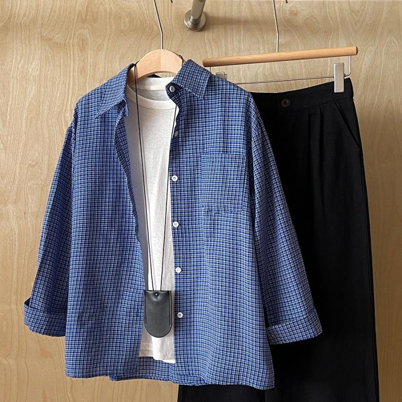 Nowa Amerykańska Stylistyka Retro Koszula z Długim Rękawem Niebieska w Kratkę Luźna Letnie Koszule Top Bluzka Płaszcz Dla Kobiet Streetwear