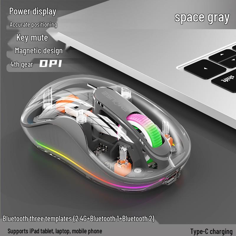 Bobcat Silent Bluetooth Mouse - Transparent, Wireless, 3 Modes, TYPE-C Charging, Universal Compatibility