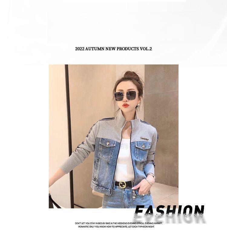 Women's 2023 Korean-Style Retro Patchwork Denim Jacket - Age-Reducing Short Zipper Stand Collar, Long-Sleeved Top for Spring