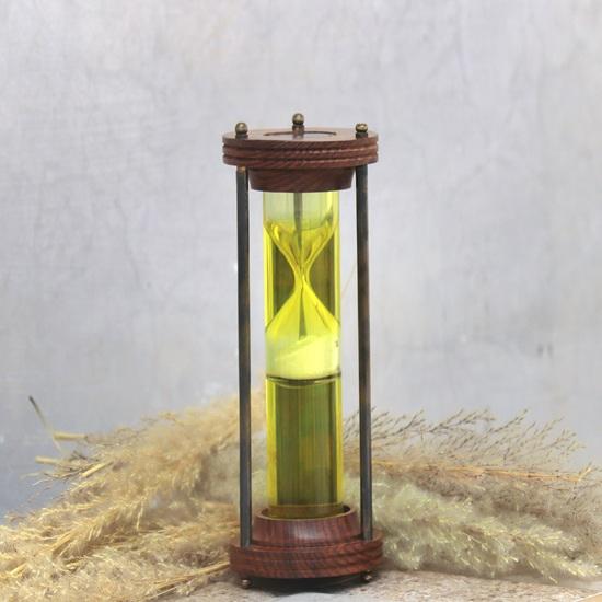 

17.78 cm Wood Brass Liquid Colored Sand timer, Water Hour Glass, Handcrafted Yellow Timer for Coastal Style Living, home decor Gift