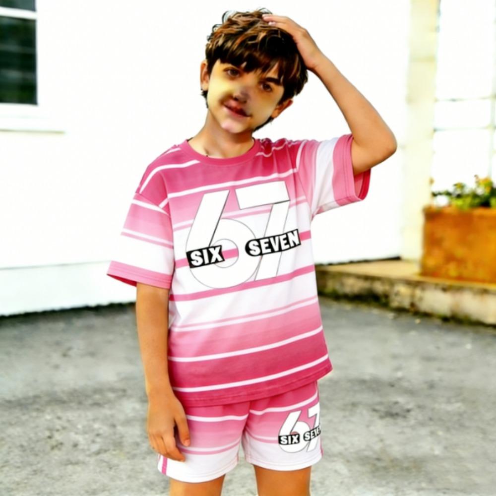 67 Gradient Zebra Color Printed Kids T-shirt and Shorts 2 Piece Set Summer Casual Outfit for Boy's and Girl's Kids Clothing Top