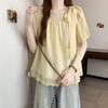 Summer Womens Fashion Solid Color Lace Short Sleeve Shirt with Tie Design Casual Top