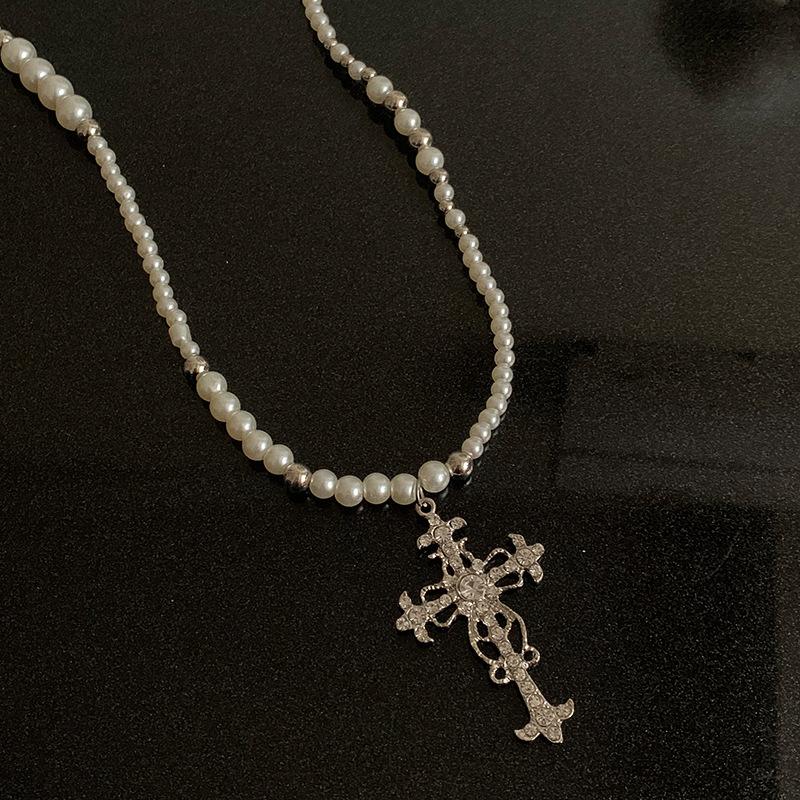 Cross Beaded Pearl Layered Necklace - Unique Y2k Hot Girl Sweet & Cool Accessories