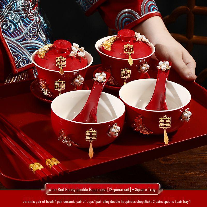 Double Happiness Butterfly Love Teacup Set: Wedding Bowls, Red Tea Set, Chopstick Pair, Dowry Gift