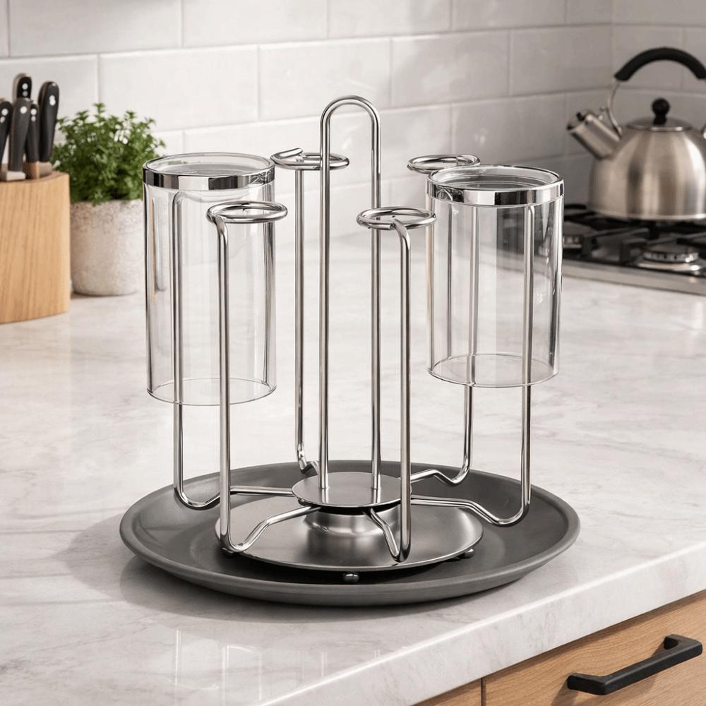 Stainless Steel Rotating Cup Holder Upside-Down Large Capacity Glass Cup Storage Rack with Tray Saving Space Glass Cup Stand Bar