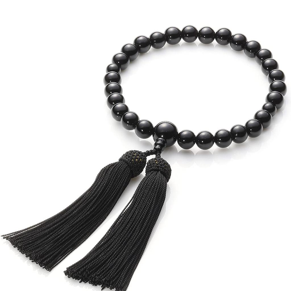 Eizen Nenjuya Prayer Beads for Women Onyx 7mm Beads with Textile Bead Bag Juzu Prayer Beads Handmade for All Sects (Black Heads) [Nishijin Included]