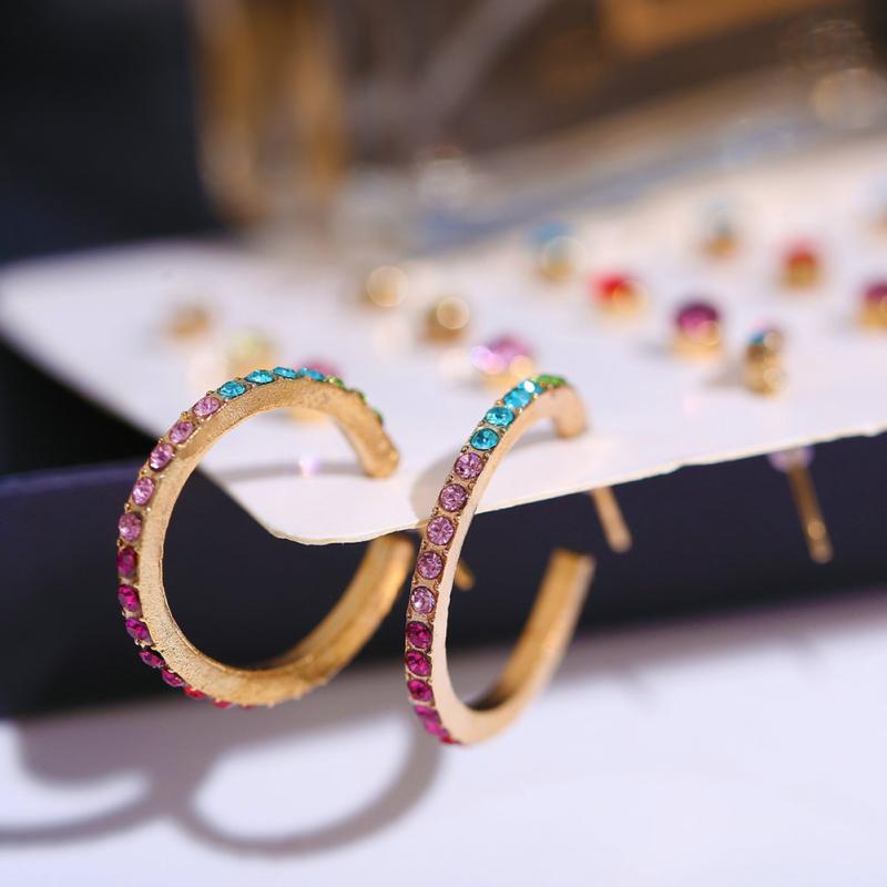 RUI RUI YU 12-delige set Unisex oorbellen Gekleurde zirkoonlegering Retro Eenvoudige C-vormige oorbellen