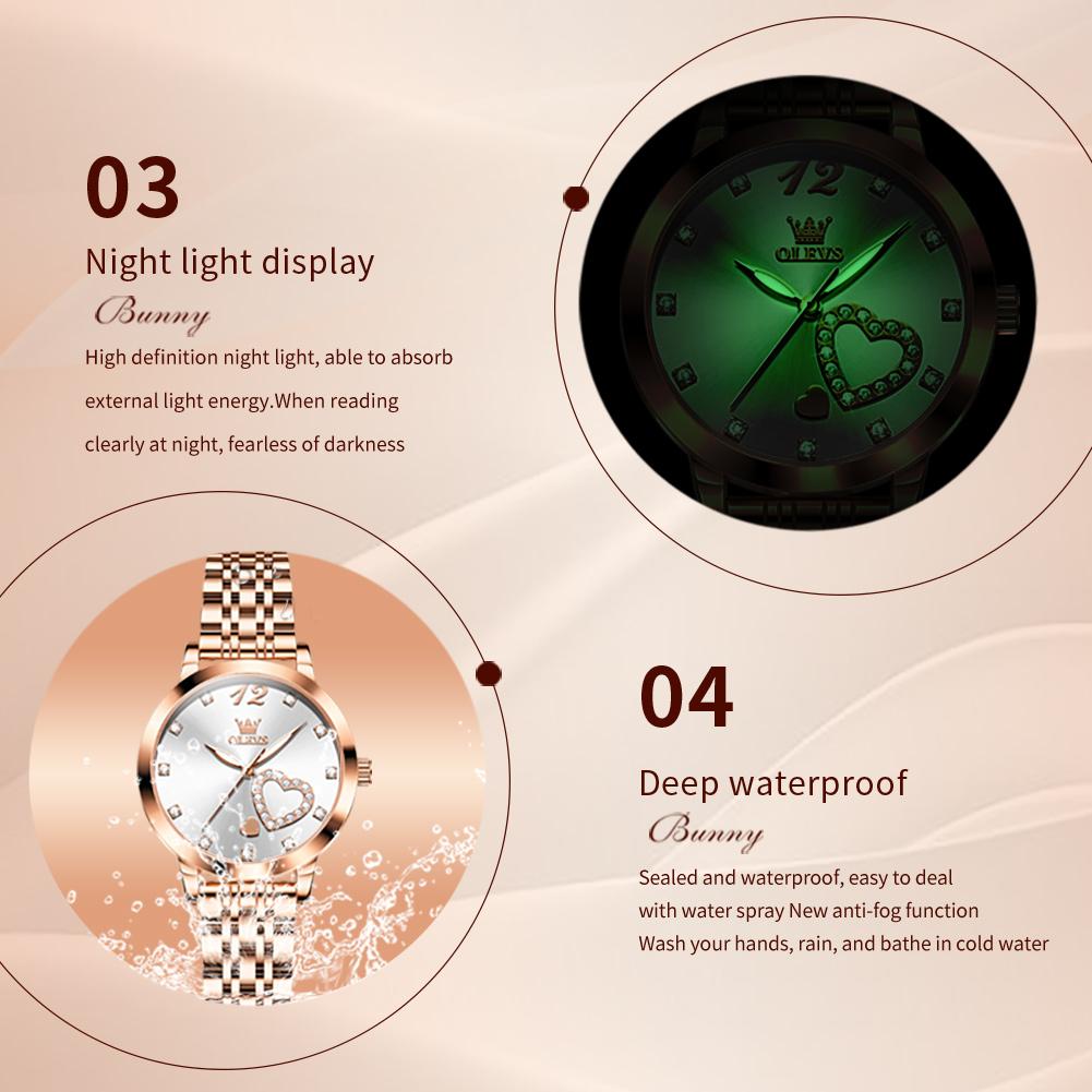 OLEVS Women Watch Luxury Brand Elegant Diamond Heart Design Waterproof Luminous Quartz Watch Dress Women Watch