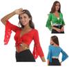 Women Belly Dance Costume Lace Patchwork Flare Sleeve Bell Bead Tassel Lace-Up Shawl Crop Tops Cardigan